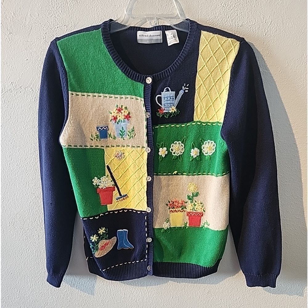 Alfred Dunner Gardening Theme Sweater Cardigan Petite Large Embroidered